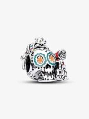 Pandora Silver Sugar Skull Charm with Teal and Orange Accents